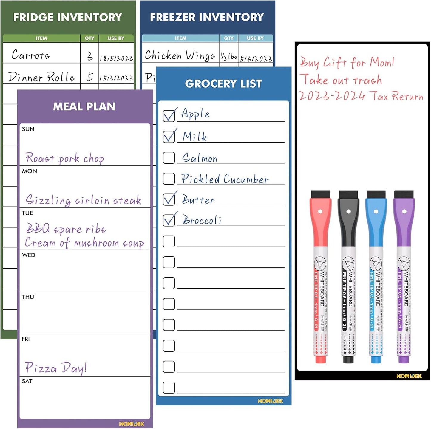 HOMiDEK Dry Erase Whiteboard for Fridge - Magnetic White Board for Refrigerator - 2 Sheets of Weekly Calenders, Monthly Habit Tracker, Memo Pad, to Do List and 4 Markers - 4" x 10"