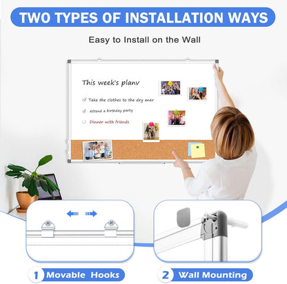 Weekly Dry Erase Calendar Whiteboard for Wall, 24" x 18" Double-Sided Weekly Planner White Board Cork Combo, Hanging & Wall Mount Week Bulletin Board with Notes for Home, Office, School, Kitchen