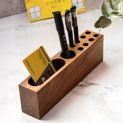 LiTY Pen Holder for Desk, Acacia Wooden Pencil Stand, Solid Wood Business Card Holder, Fountain Pen Organizer, Minimalist Aesthetic Office Stationery Desk Decor