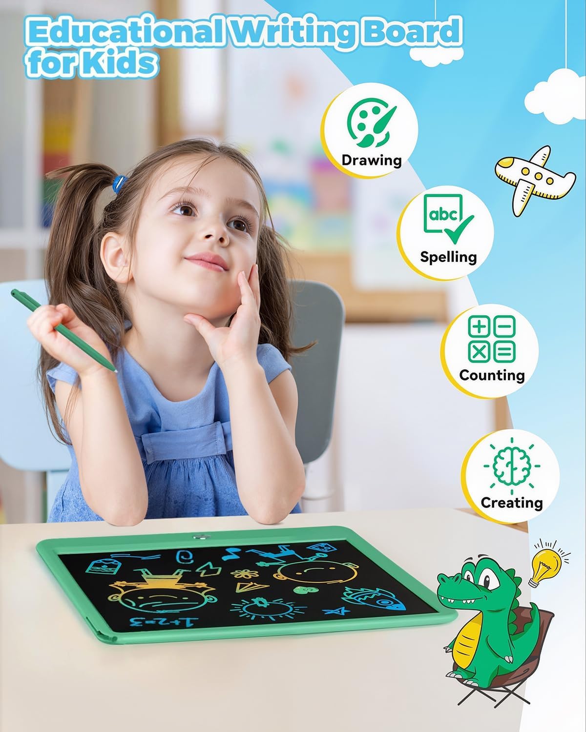 KOKODI 12 Inch LCD Writing Tablet with Anti-Lost Stylus, Erasable Doodle Board Colorful Toddler Drawing Pad, Car Travel School Games Toys for 3 4 5 6 7 8 Kids, Birthday Gift for Girls Boys Adults Blue