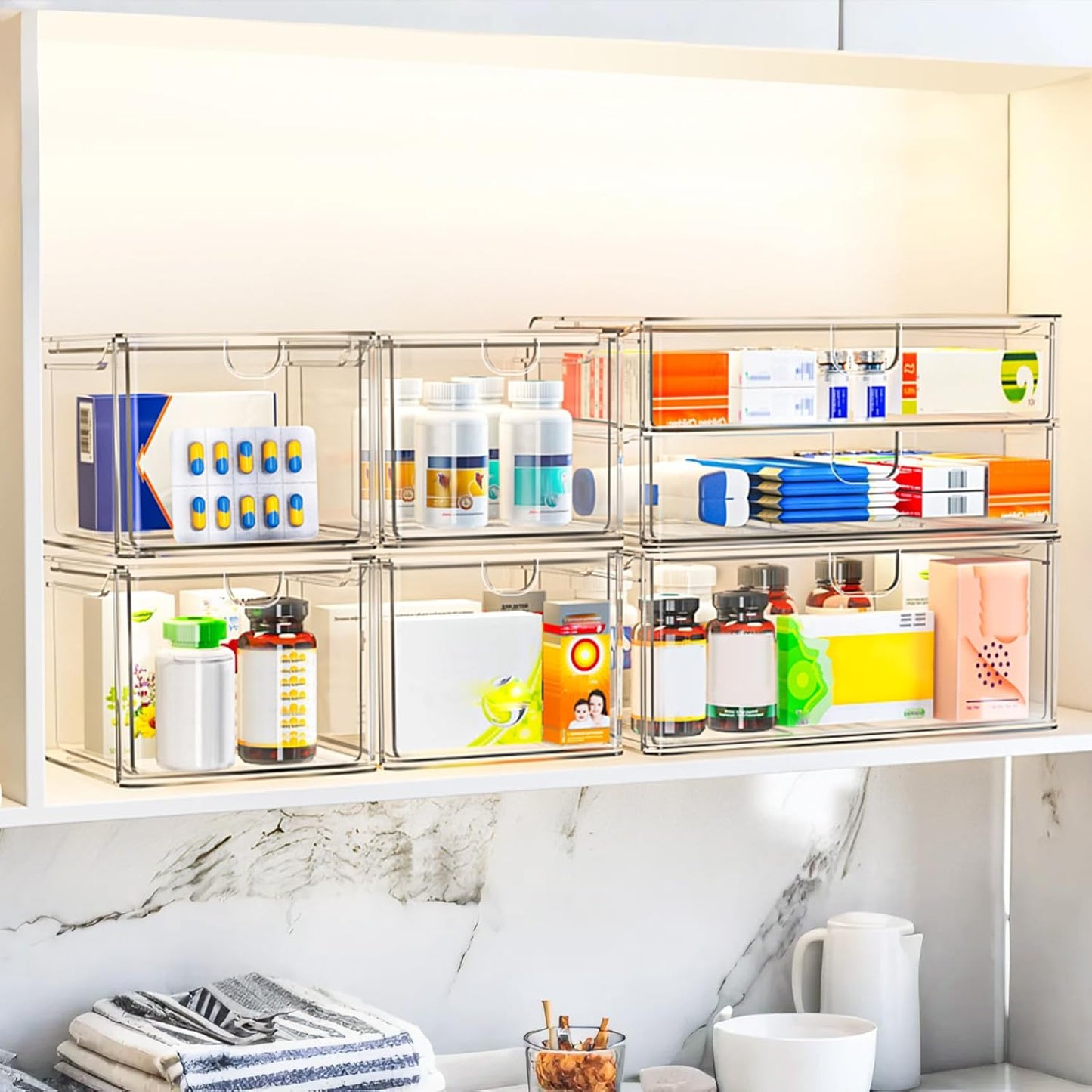 caktraie 6 Pack Small Clear Stackable Acrylic Storage Boxes for Art Tool & Sketch, Stroage Drawers, Makeup Organizer, Plastic Storage Bins For Vanity, Kitchen Cabinets, Pantry, Home Organization