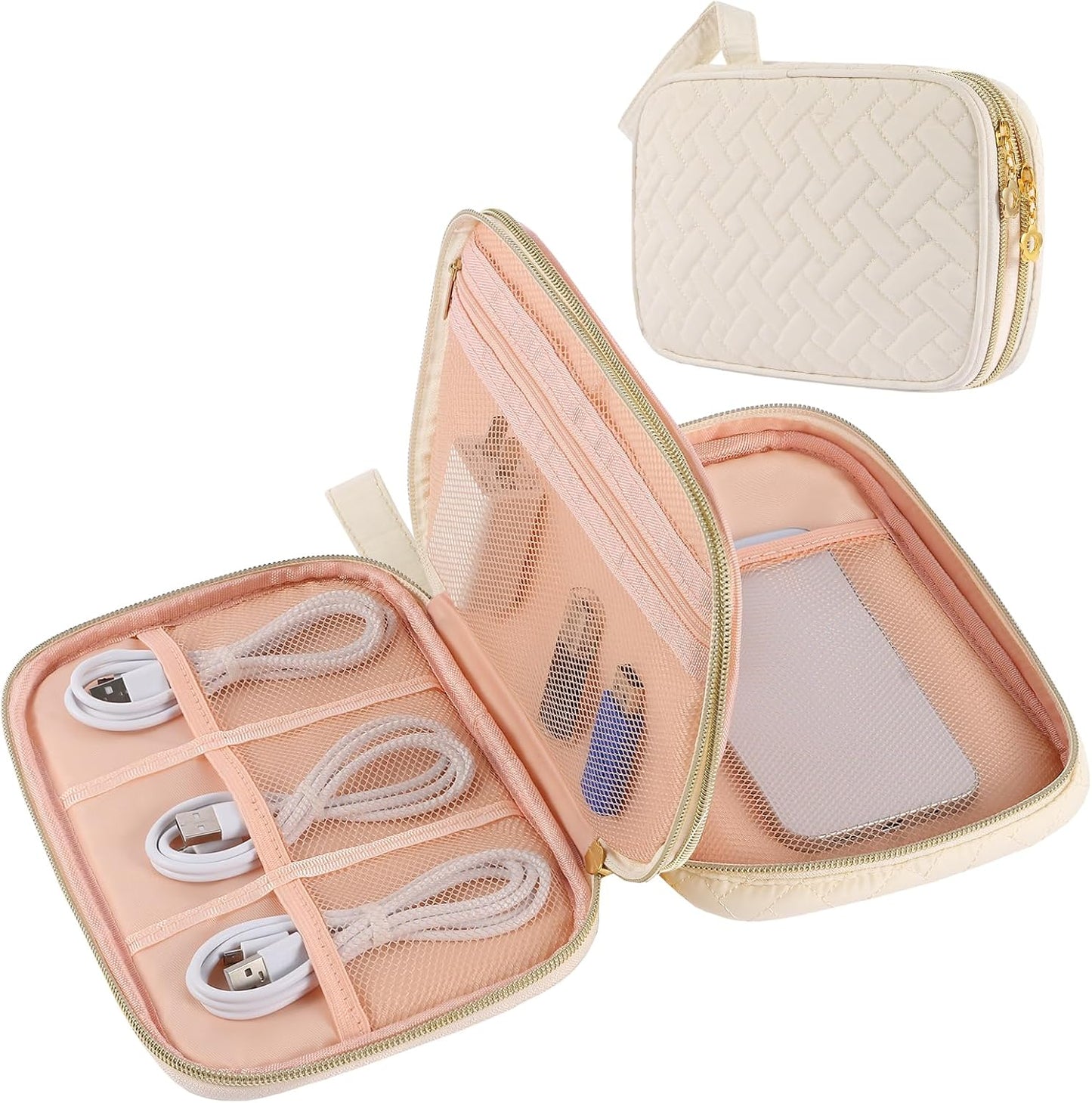 Electronics Organizer Travel Case, Charger Bag Cord Organizer Travel, Compact Tech Pouch Cable Organizer Bag for Charger, Cords, Phone, Headphones, Flash Drive, SD Card (Pink, Small-Double Layer)