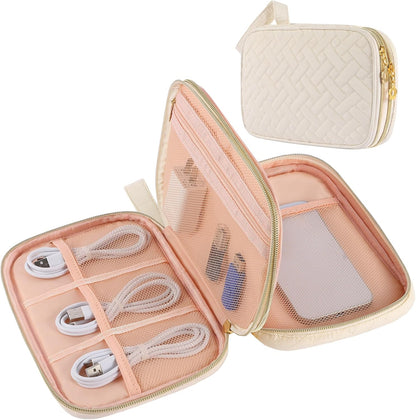 Electronics Organizer Travel Case, Charger Bag Cord Organizer Travel, Compact Tech Pouch Cable Organizer Bag for Charger, Cords, Phone, Headphones, Flash Drive, SD Card (Pink, Small-Double Layer)