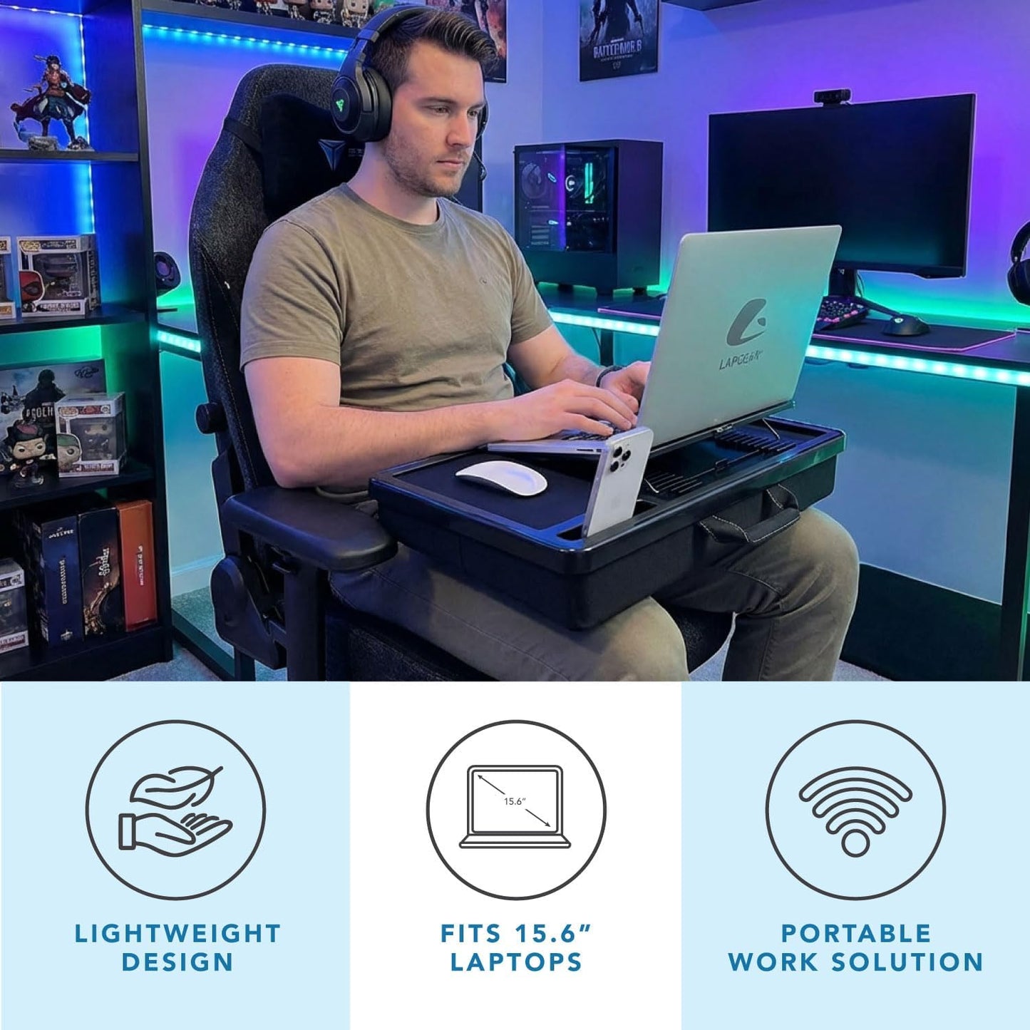 LAPGEAR Ergonomic Pro 2.0 Lap Desk with 9 Adjustable Heights, Built-in Mouse Pad & Phone Slot – Full Microbead Cushion, Storage Pocket – Fits Laptops up to 15.6" – Dusty Rose – Style No. 49504