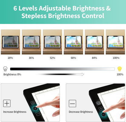 Rechargeable A4 Light Pad - Stepless Dimmable 6 Levels Brightness Tracing Light Box, Diamond Painting Light Board with Top Clip, Battery Powered Portable Light Pad for Weeding Vinyl Tracing