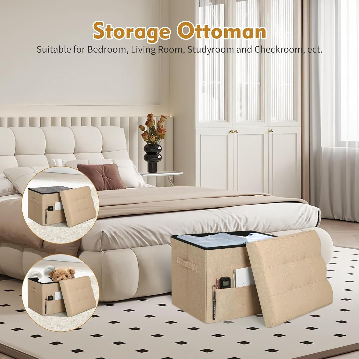Storage Ottoman with Extra Thick Foam Padded Seat, Foldable Foot Rest Stool with Linen Fabric, 43L Ottoman with Storage Bench for Bedroom Living Room, Holds Up to 300lbs, 17x13x13in, Dark Gray