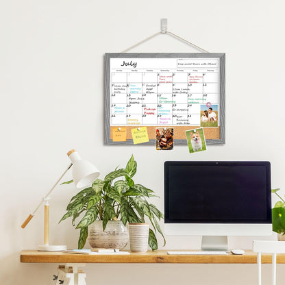 Calendar Whiteboard for Wall, TANKEE 17x13 Inches Whiteboard Calendar Cork Board Combo, Small Magnetic White Board with Wood Framed, Hanging Dry Erase Board for Kitchen Home Office School Planner