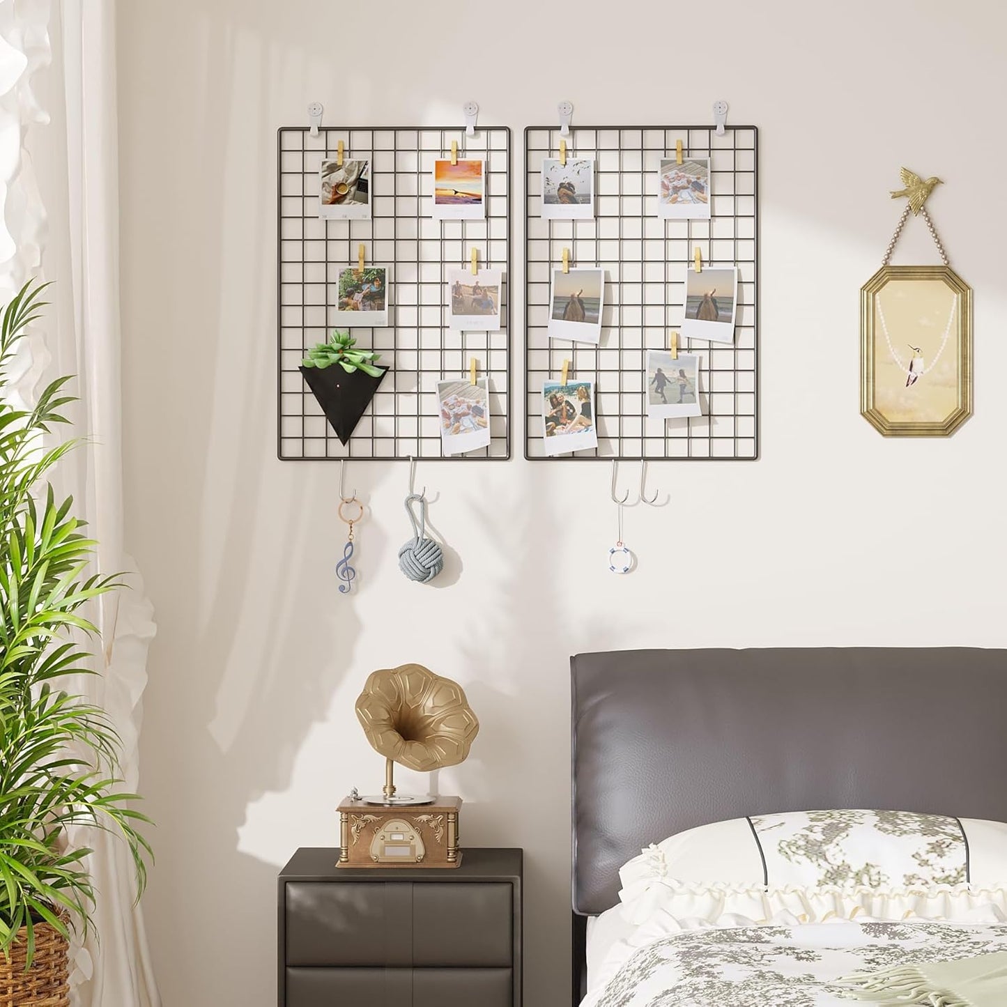 C&AHOME Photo Wall Display Set of 2, Grid Panel with Hooks, Clips, Hemp Cord, Hammer - 15.7" x 11.8", White UWWGM3402W