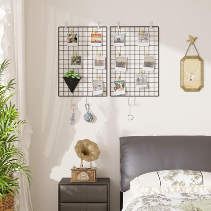 C&AHOME Photo Wall Display Set of 2, Grid Panel with Hooks, Clips, Hemp Cord, Hammer - 15.7" x 11.8", White UWWGM3402W