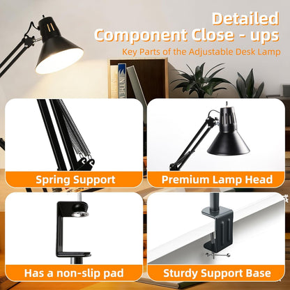 Desk Lamp With Clamp for Home Office, Eye-Caring Clip on Light with Adjustable Extra Tall Metal Swing Arm, High Intensity Clamp Lamp w/LED Bulb, Architect Task Table Lamps for Study, Workbench-B/5000k