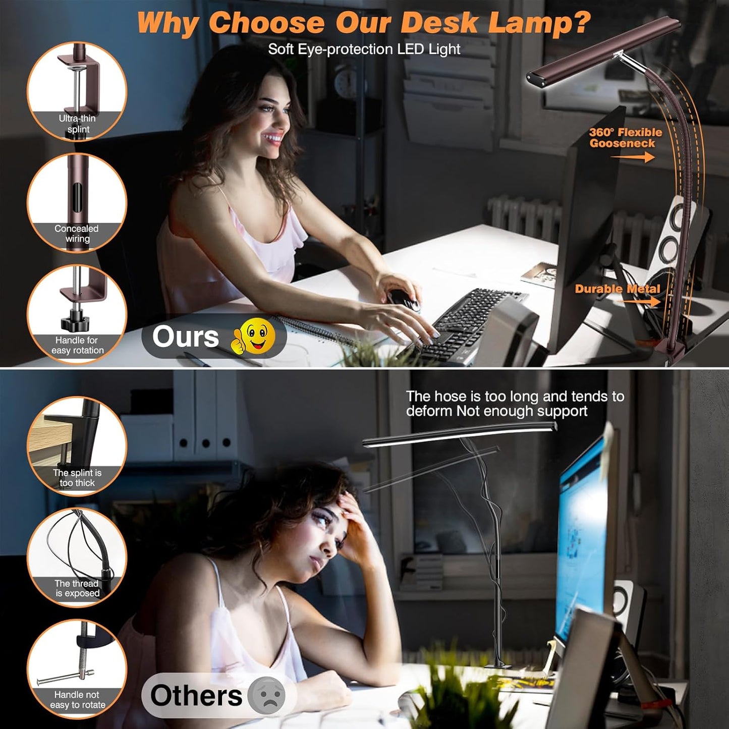 Airlonv LED Desk Lamp for Office Home, Eye-Caring Desk Light with Stepless Dimming Adjustable Flexible Gooseneck, 10W USB Adapter Desk Lamp with Clamp for Reading, Study, Workbench (Black)