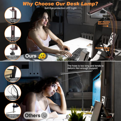 Airlonv LED Desk Lamp for Office Home, Eye-Caring Desk Light with Stepless Dimming Adjustable Flexible Gooseneck, 10W USB Adapter Desk Lamp with Clamp for Reading, Study, Workbench (Black)