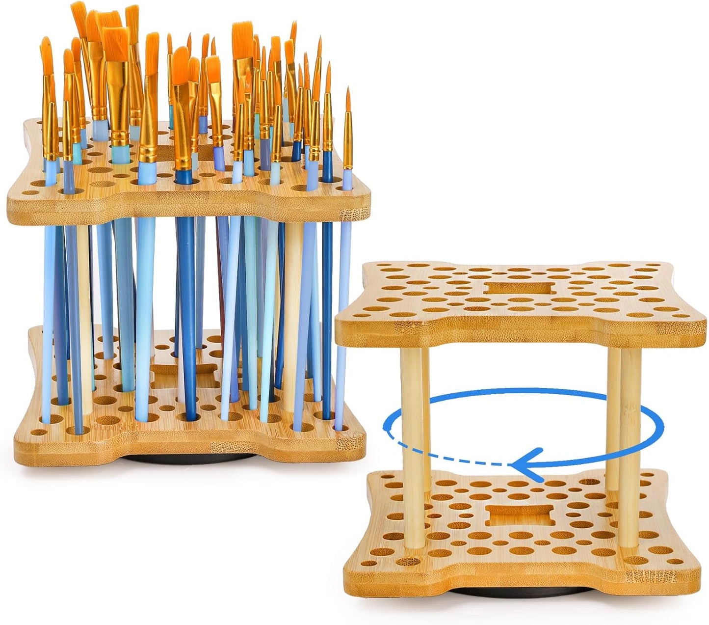 Cedilis 2 Pack Rotating Paint Brush Holder, 59 Holes Bamboo Paintbrush Holder Organizer for Pen, Pencil, Watercolor Brushes, Artist, No Assembly Required