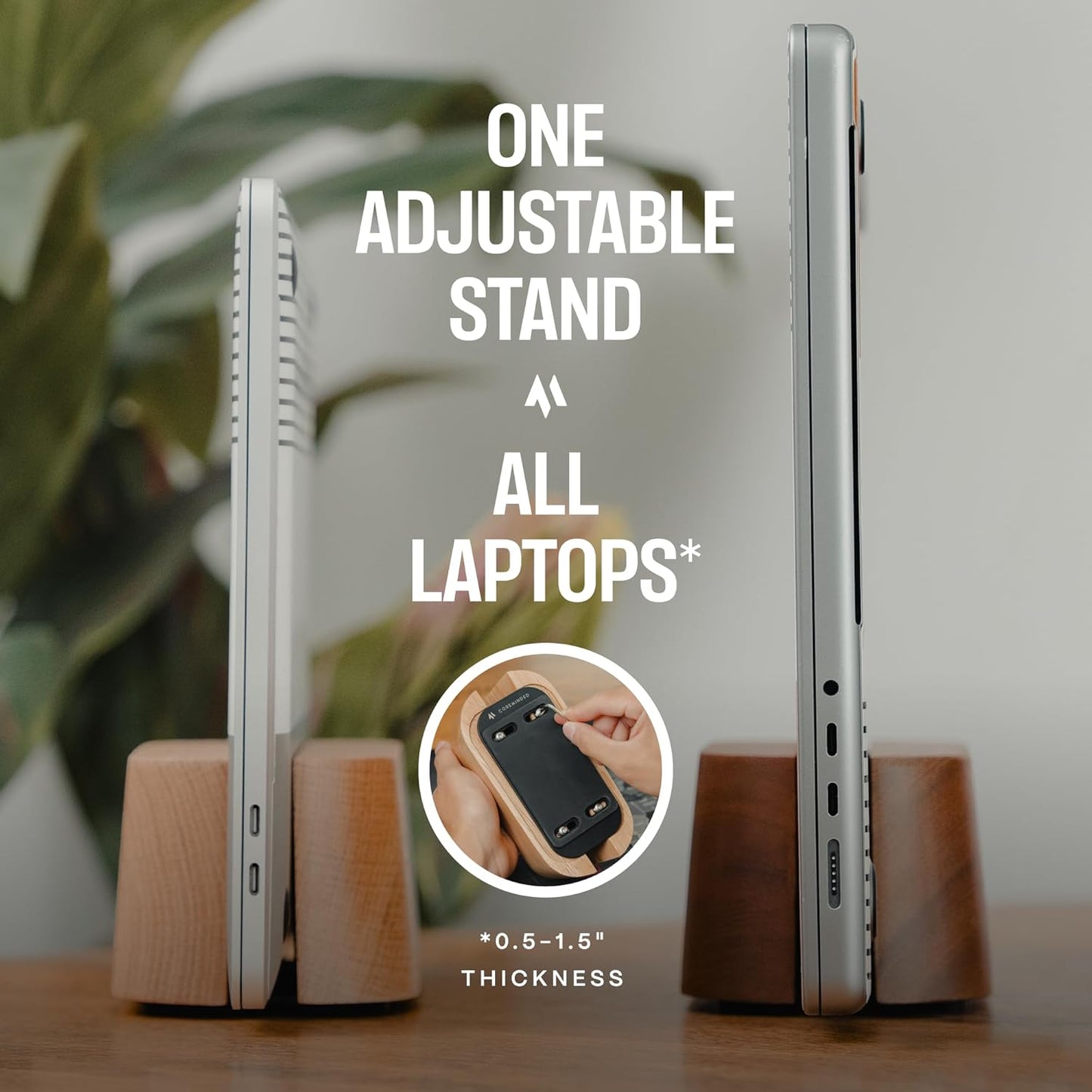 COREMINDED Adjustable Dual Vertical Laptop Stand for Desk, Wooden Laptop Holder, MacBook Pro Stand, Wood Mac Air Dock