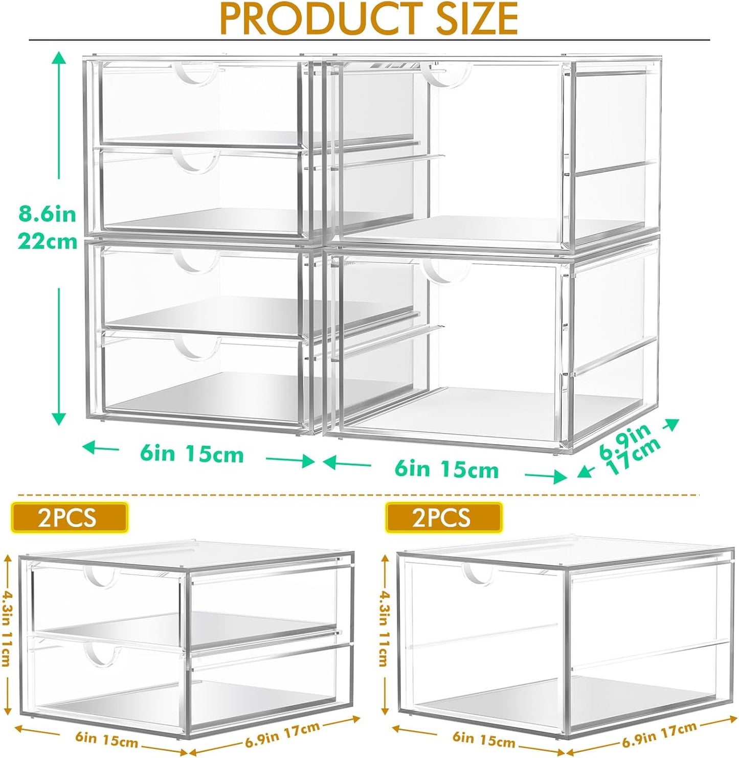 caktraie Makeup Organizer Storage With 16 Drawers, 4 Pcs Desktop Office Supplies, Desk Organizers, Clear Accessories, Dustproof Storage Drawer and for Make Up, Jewelry, Pen, Stationary
