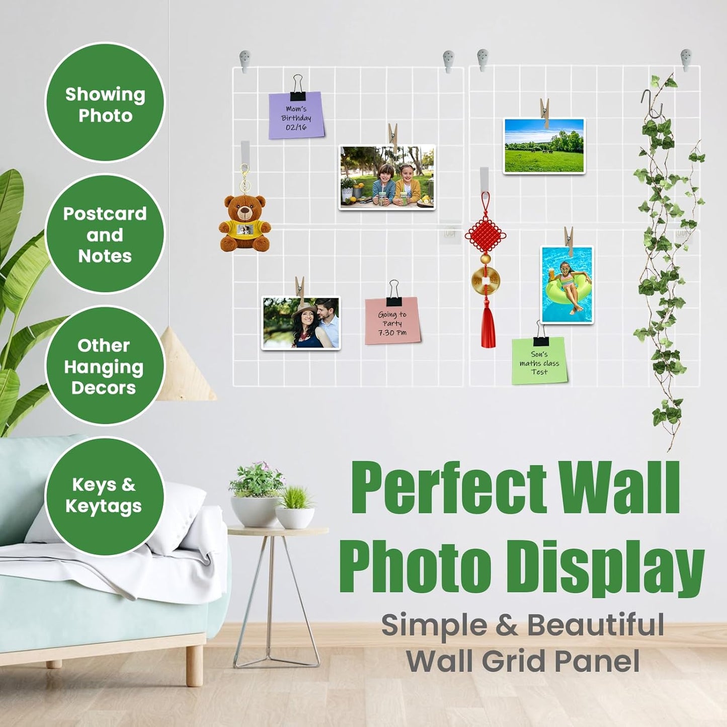 CIKLCIX Metal Grid Wall Panel, Wire Grid Photo Display Organizer, 17.3"×11.8" Gold Wire Board Grid Wall, Grid Picture Frame, 2-Pack Wire Mesh Memo Board With Clips and Hooks