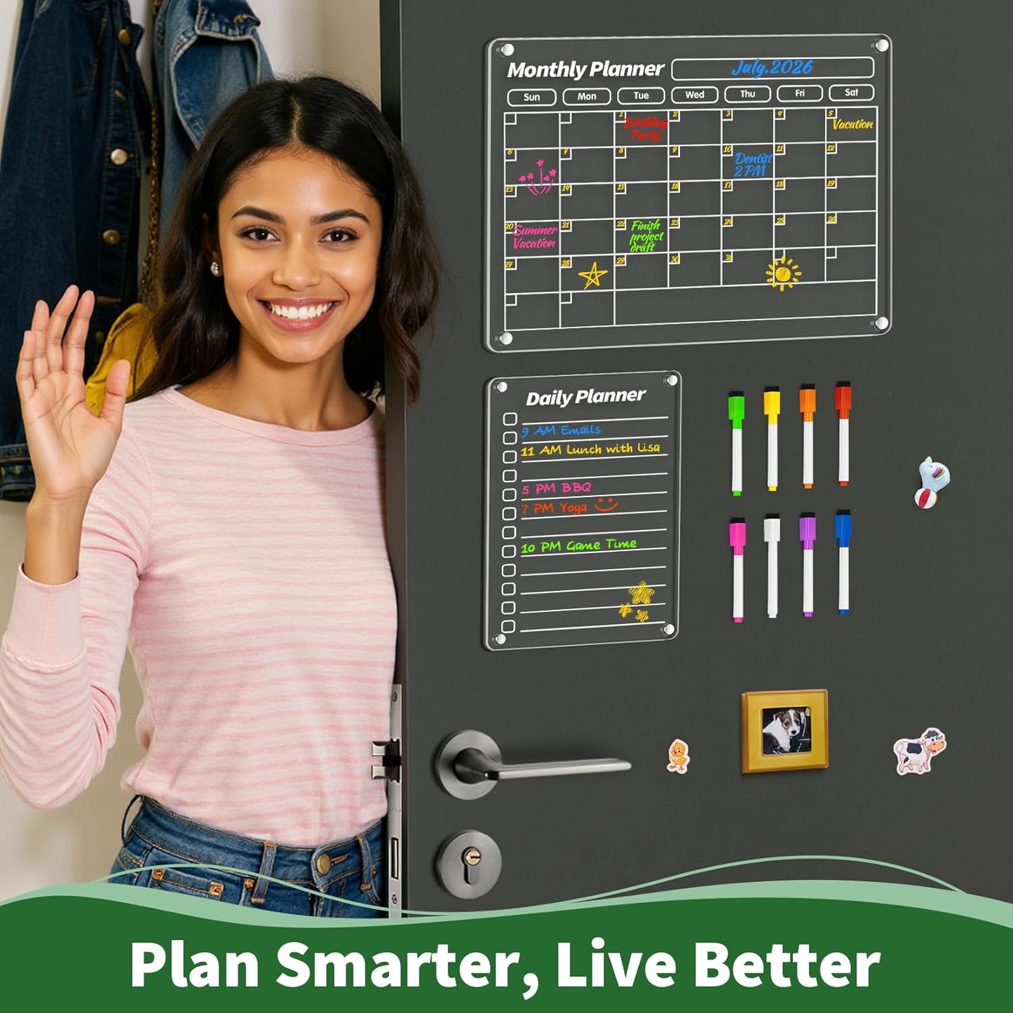 FINDMAG 4 Pack Magnetic Dry Erase Board Set, 16.5"x11.8" Magnetic Calendar for Refrigerator, Fridge Calendar Magnet, Black Weekly Planner Whiteboard for Fridge, Easy to Use with 8 Markers & Eraser