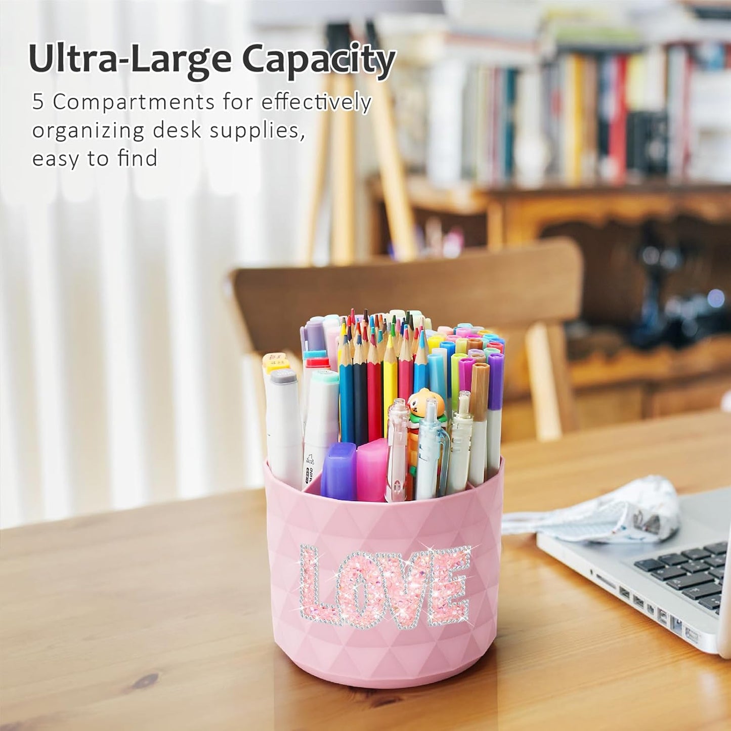 Desk Organizer, 360-Degree Rotating Pencil Pen Holders For Desk, Diamond Pattern Pen Organizer With 5 Compartments, Cute Desk Accessories Decor For Office, School,Home,Art Supply (White)