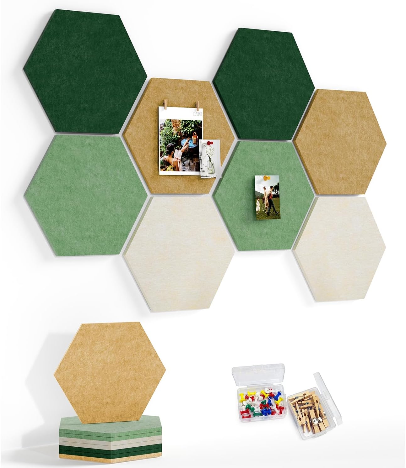 8 Pack Hexagon Felt Bulletin Board Tiles - 12" Large Thick Pin Board for Walls with 30 Push Pins, DIY Boards for Office Home School Decor, Aesthetic Hex Cork Board Alternative
