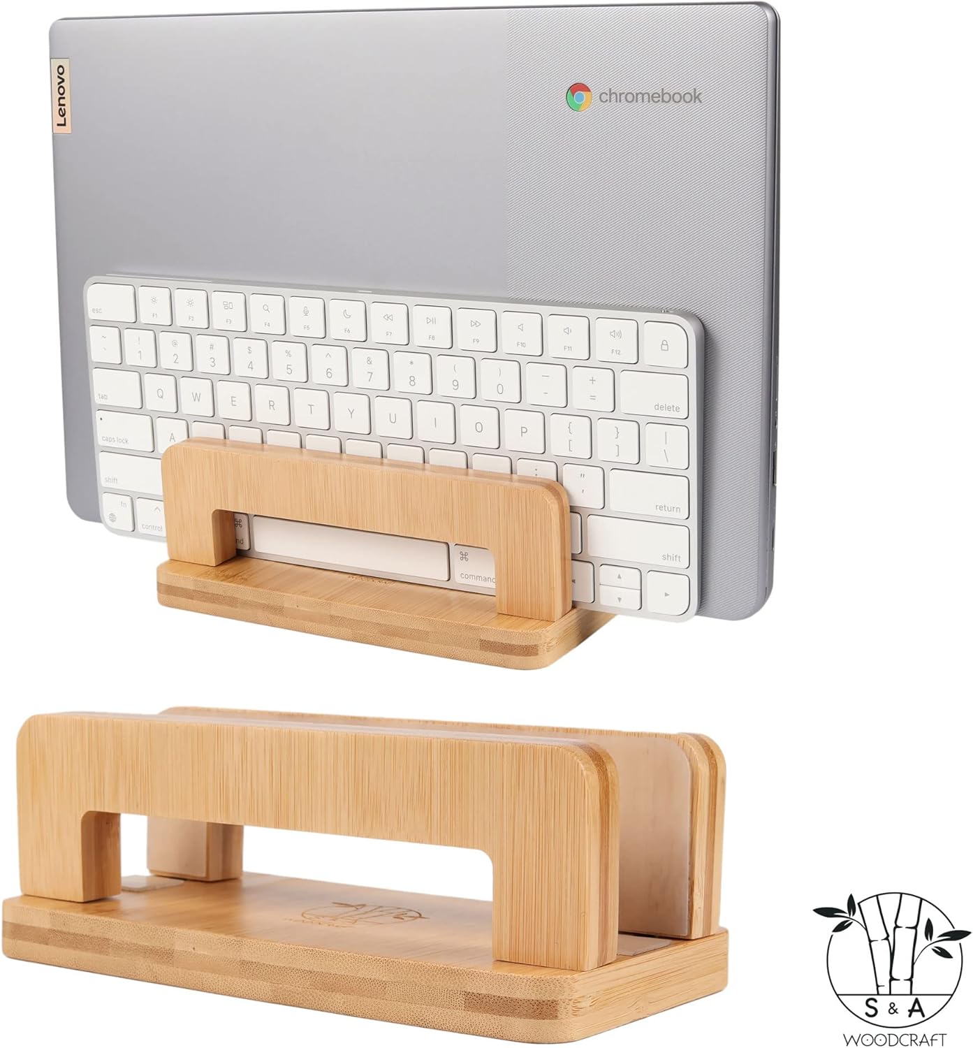 S&A WOODCRAFT 3 Slots Bamboo Wood Vertical Laptop Stand, Adjustable Wooden Laptop Holder, Non-Slip Laptop Dock Compatible with Apple MacBook, Microsoft Surface, Gaming Laptops, IPad, Tablets
