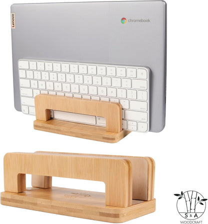 S&A WOODCRAFT 3 Slots Bamboo Wood Vertical Laptop Stand, Adjustable Wooden Laptop Holder, Non-Slip Laptop Dock Compatible with Apple MacBook, Microsoft Surface, Gaming Laptops, IPad, Tablets