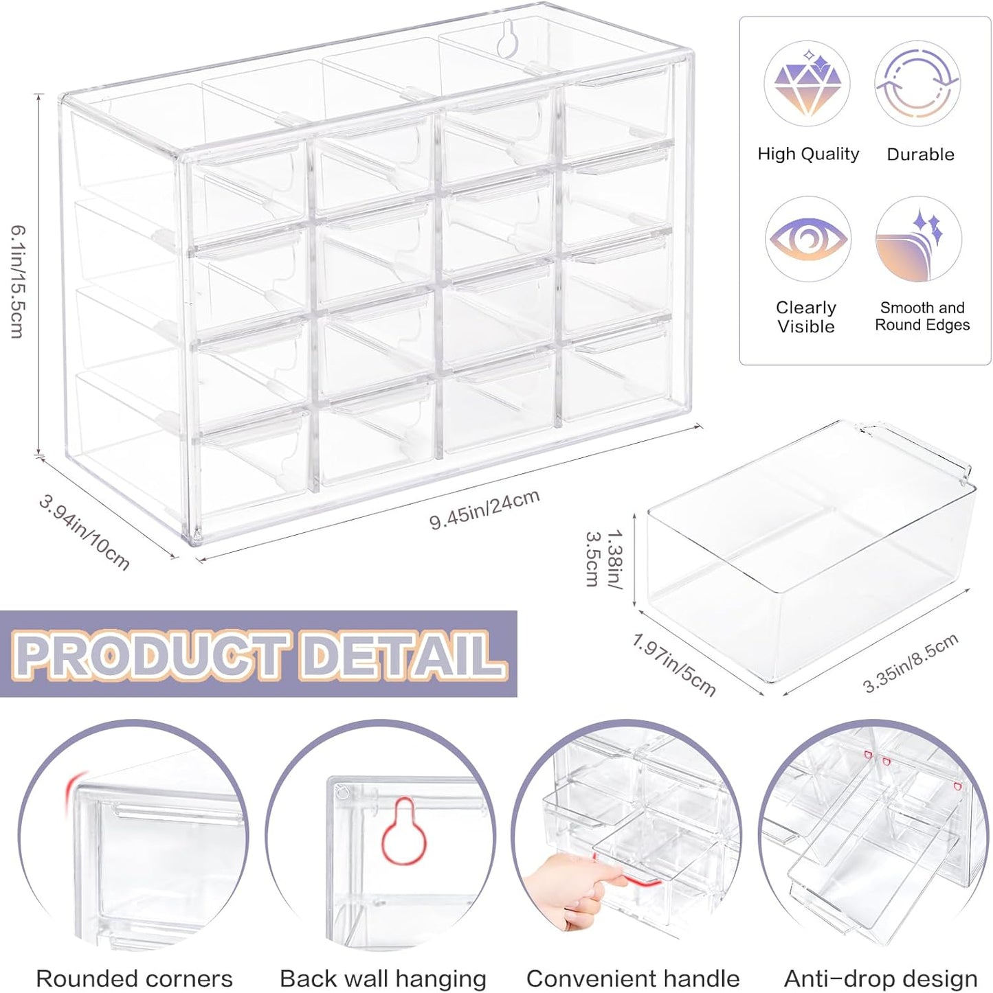 Desk Storage Organizer with 16 Mini Drawers, FODIENS Stackable Desktop Craft Drawer Cabinet, Clear Storage Box Caddy for Makeup Jewelry Office Craft Supplies