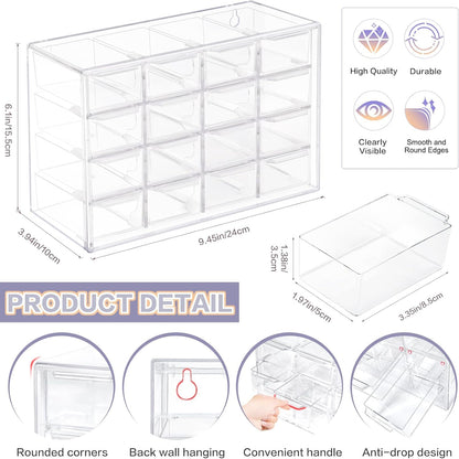 Desk Storage Organizer with 16 Mini Drawers, FODIENS Stackable Desktop Craft Drawer Cabinet, Clear Storage Box Caddy for Makeup Jewelry Office Craft Supplies