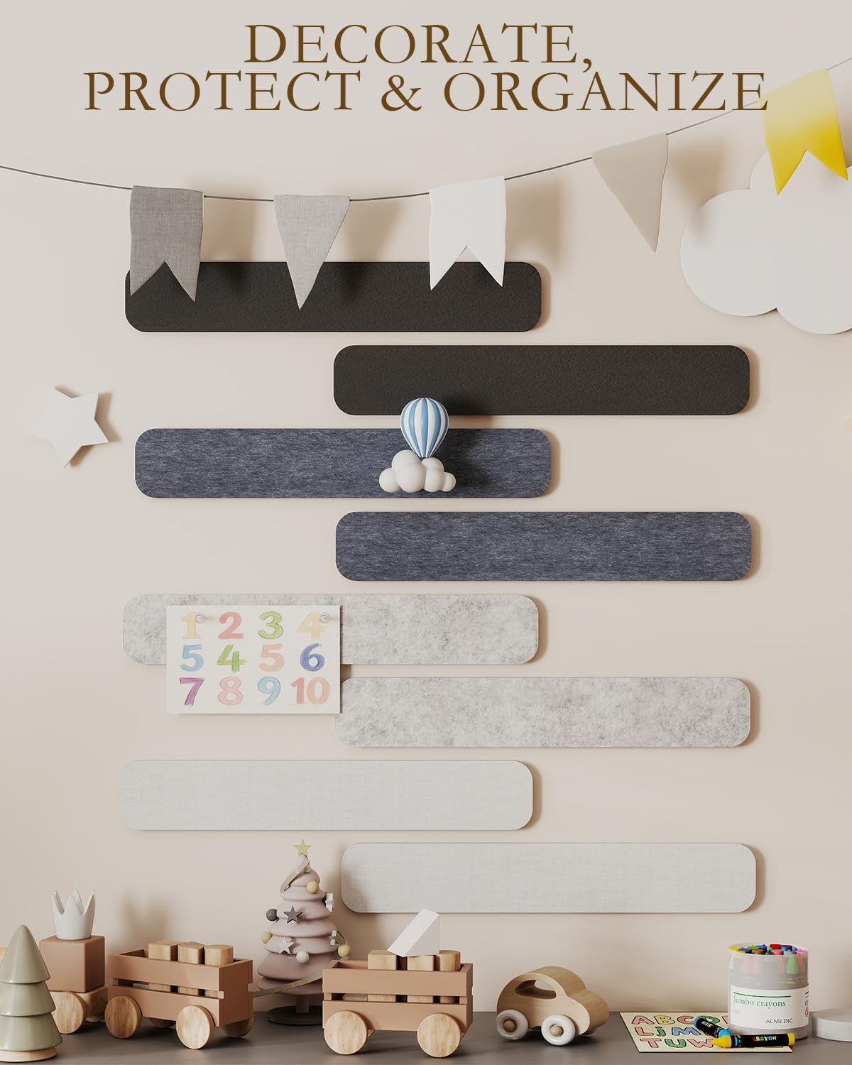JBER Felt Strip Board 5 Pack 13"x2", Cork Board Alternative Pin Bulletin Board, Self-Adhesive Vision Board with 25 Push Pins for Walls, Office & Home Decor(Light Camel)