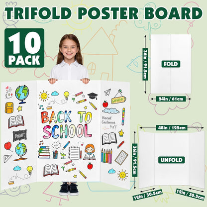 10 Pack Trifold Poster Board, 36in x 48in Corrugated Project Board, White Presentation Board, Trifold Display Board for School Project, Business Presentation, Science Fairs, Event Display