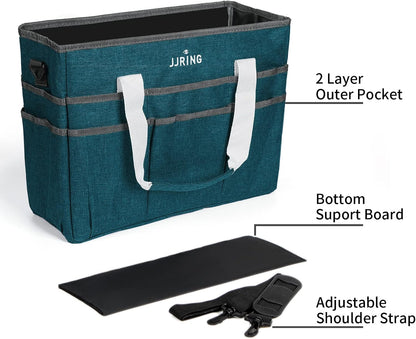 JJRING Craft Organizer Tote Bag for Art Storage, Caddy with Multiple Pockets, Bluish Green Sewing Bag for Scrapbooking, School, Medical, and Office Supplies