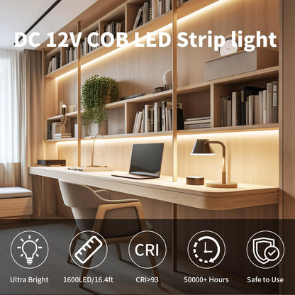 32.8FT/10M Blue COB LED Strip Light, 3200LEDS LED Tape Lights, High Bright CRI93+ Flexible Dimmable Light Strip for Bedroom TV Backlight Monitor Gaming Room Bar Decor(with Plug)