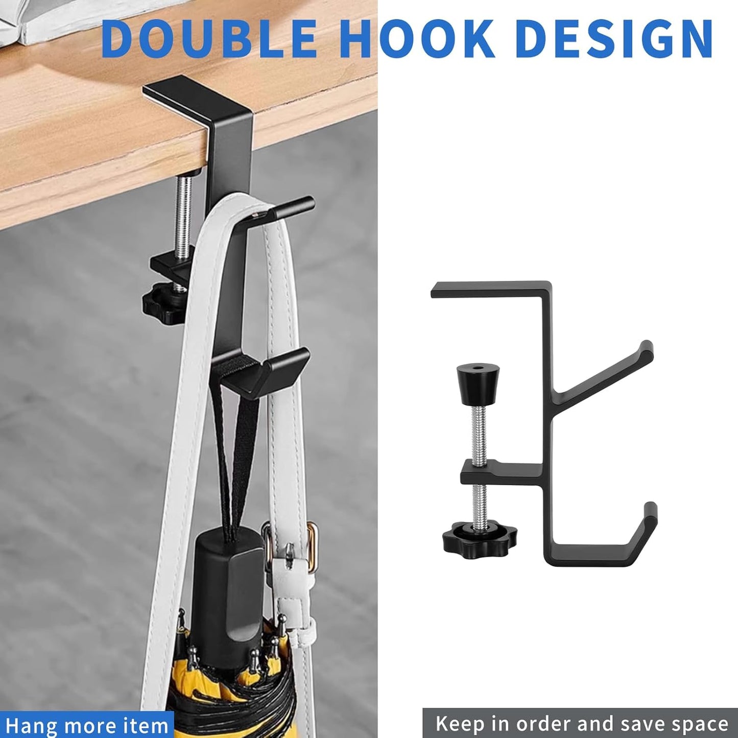 Plus tard 2Pcs Desk Hook, Purse Hook for Desk Adjustable Bag Holder for Table, Hooks for Backpacks Under Counter Table Hanging Storage, Workspace Organizer Holder