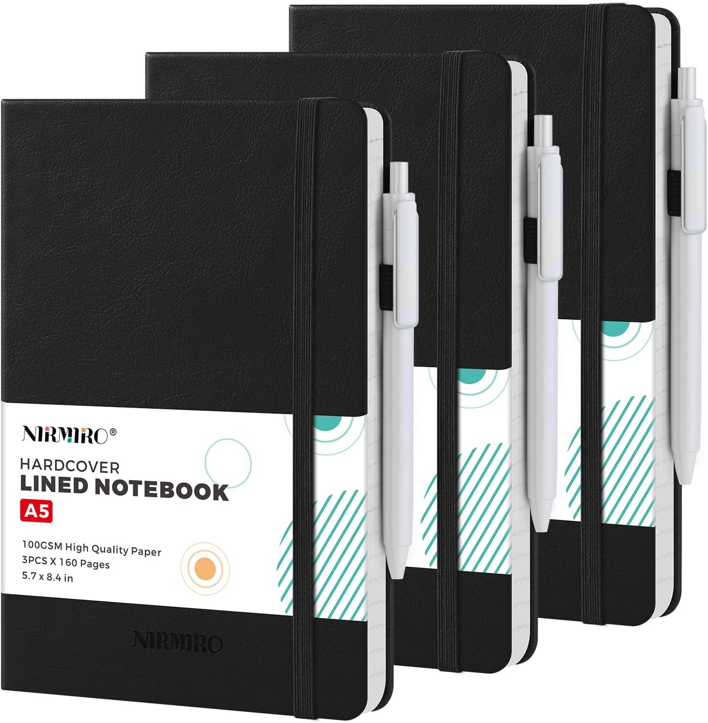 NIRMIRO 3 Pack Pocket Notebook Journals, Small Notepad Notebooks for Note Taking, A6 Mini Note pads with Pen Holder, 408 Lined Pages, 3.7" x 5.7", Black, Brown, Blue