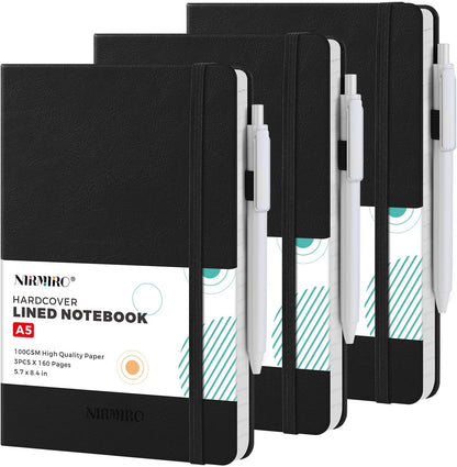 NIRMIRO 3 Pack Pocket Notebook Journals, Small Notepad Notebooks for Note Taking, A6 Mini Note pads with Pen Holder, 408 Lined Pages, 3.7" x 5.7", Black, Brown, Blue