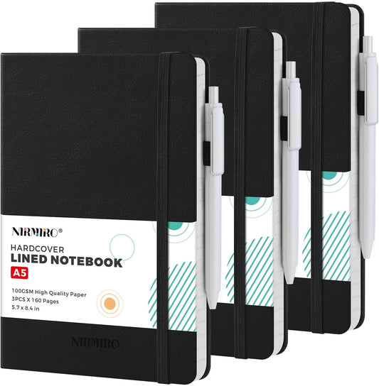 NIRMIRO 3 Pack Pocket Notebook Journals, Small Notepad Notebooks for Note Taking, A6 Mini Note pads with Pen Holder, 408 Lined Pages, 3.7" x 5.7", Black, Brown, Blue