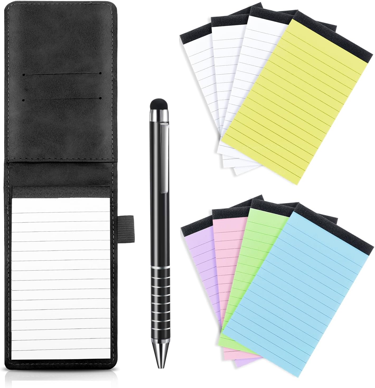 Outus 10 Pcs Mini Pocket Notepad Holder Set Included Small Leather Pocket Notebook Holder with 50 Lined Sheets, Metal Pen, 8 Pcs 3 x 5 Inch Memo Book Refills, 30 Lined Paper Per Note Pad (Black)