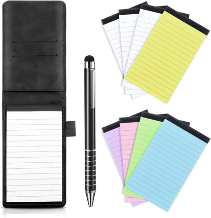 Outus 10 Pcs Mini Pocket Notepad Holder Set Included Small Leather Pocket Notebook Holder with 50 Lined Sheets, Metal Pen, 8 Pcs 3 x 5 Inch Memo Book Refills, 30 Lined Paper Per Note Pad (Black)