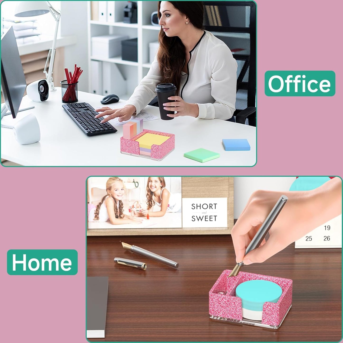 Sticky Note Holder, Glitter Pink Acrylic Notepad Holder 3x3 in Self-Stick Note Dispenser Office Desk Accessories, Memo Pad Holder Organizer for Classroom School Supplies