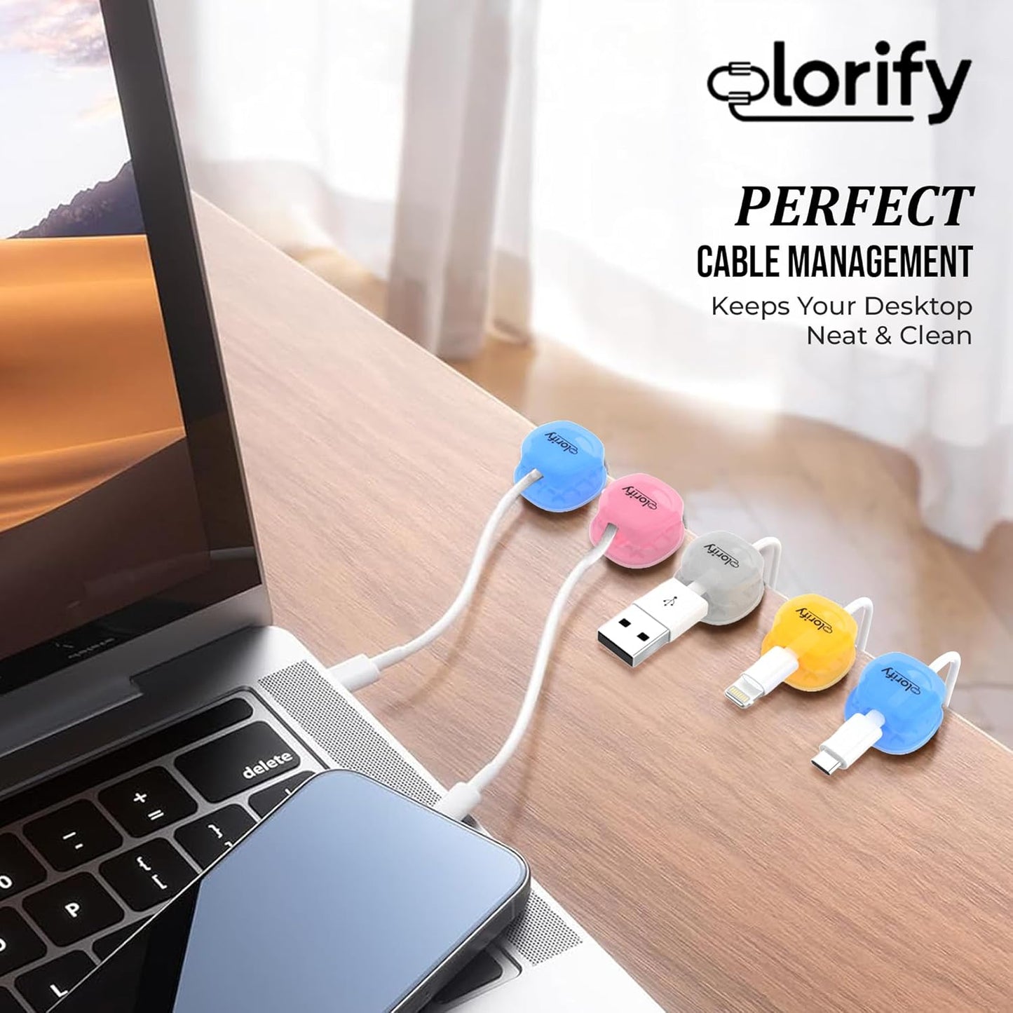 8 Pack Spring Cord Holder Clips [360° Rotatable, 1-Hand Use] — Adhesive Cable Clips for Nightstand, Desk, Wall & Kitchen | Phone Charger Cord Holder | No-Residue | Fits 2.5–8mm Cables