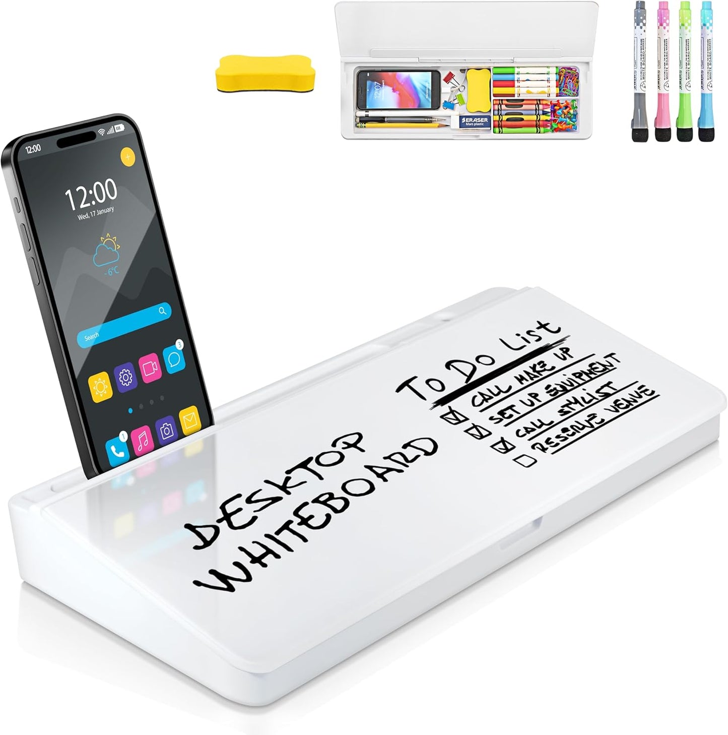 Desktop Whiteboard - Glass Dry Erase White Board - Desk Computer Buddy – Home Office & Studying Essentials - with Phone & Tablet Slot, Storage Compartment - Includes 4 Markers, 1 Eraser (2 Pack)