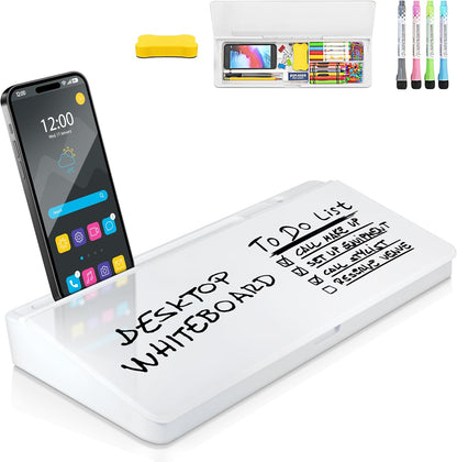 Desktop Whiteboard - Glass Dry Erase White Board - Desk Computer Buddy – Home Office & Studying Essentials - with Phone & Tablet Slot, Storage Compartment - Includes 4 Markers, 1 Eraser (2 Pack)