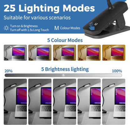 CUHIOY Rechargeable Clip on Reading Light for Bed, Battery Desk Lamp, 5 Color 5 Brightness & Touch Control Headboard Lamp, Large Clamp Lamp with Flexible Neck, Eye Protect LED Bedside Light, Pink