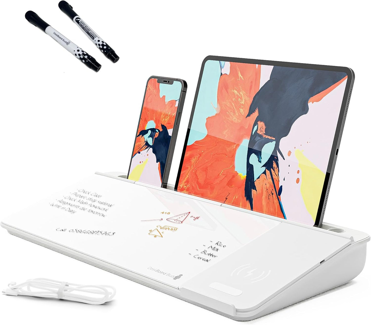 DeskBoard Buddy Desktop Whiteboard + 2 Markers (White with Wireless Charger)