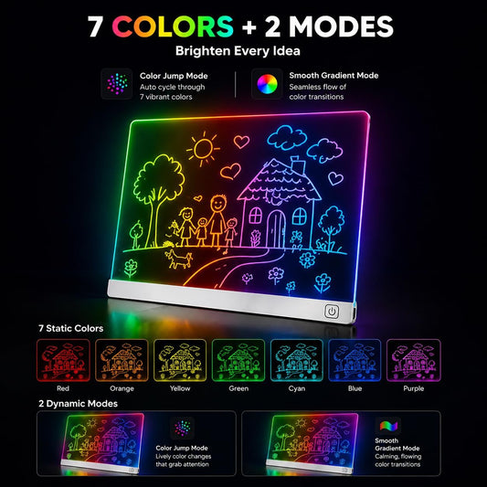 LED Drawing Board for Kids Teens Age 3-12, A4 LED Glow Doodle Note Board with USB-C, 7 Colors & 2 Modes, Scratch-Resistant Acrylic, 12 Markers & Stand – Back to School Birthday Gifts for Girls Boys