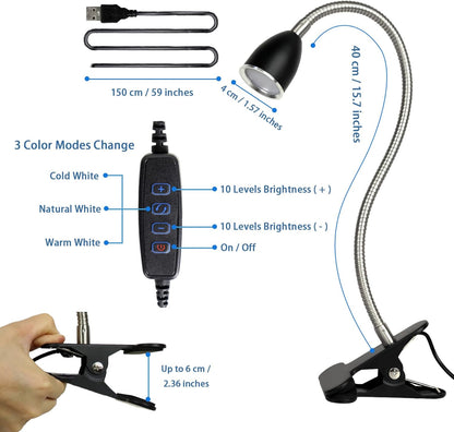 Desk lamp Eye-Caring Table Lamps, 360°Rotation Gooseneck Clip on Lamp Reading Light Portable Reading Book Light Clamp Study Desk Lamps for Bedroom and Office Home Lighting (Black)
