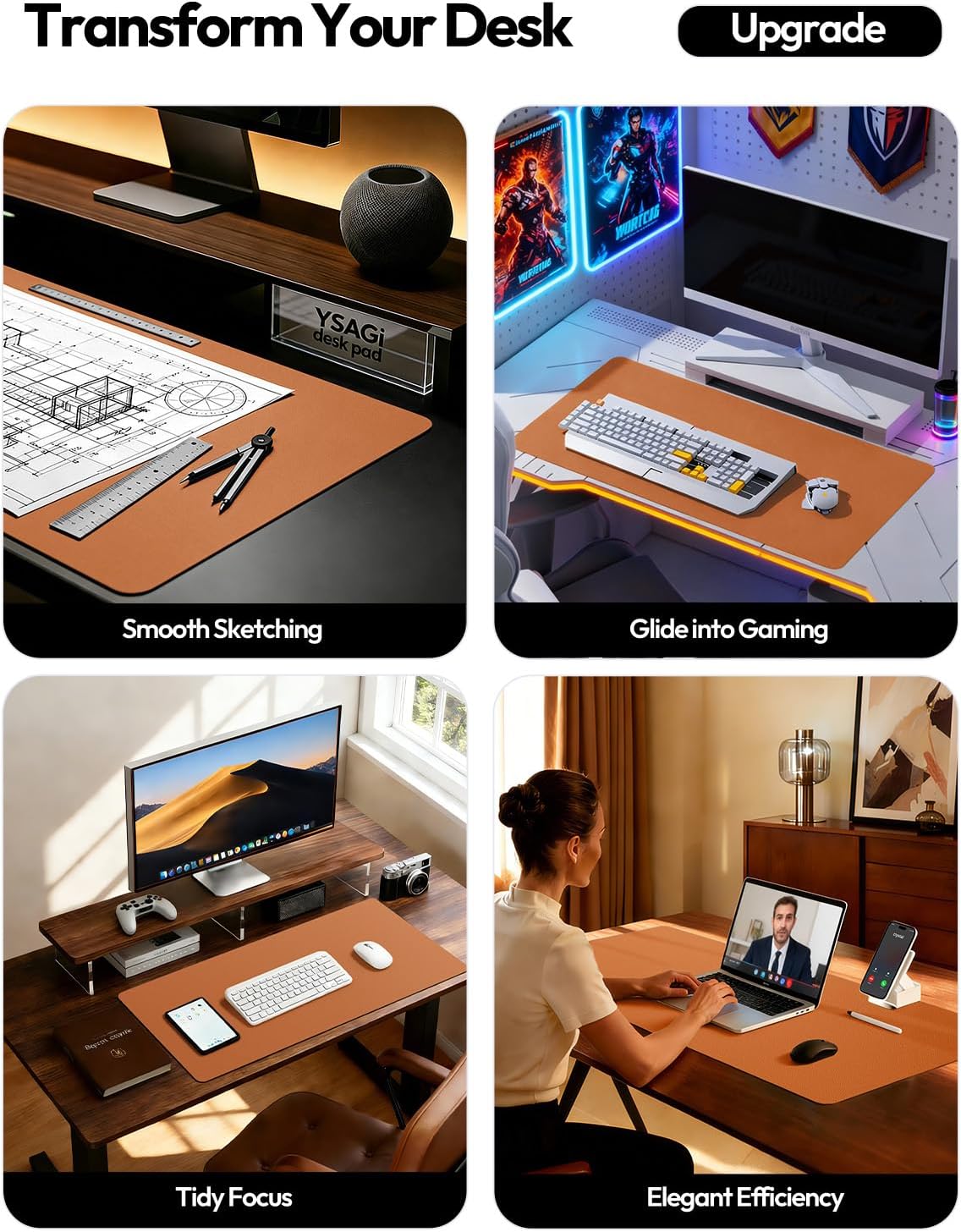 YSAGi Large Extended PU Leather Desk Pad Protector – Non-Slip Waterproof Desk Mat for Office & Home, Easy Clean Mouse Pad & Laptop Writing Blotter 35.4"x17" Black - Colors A