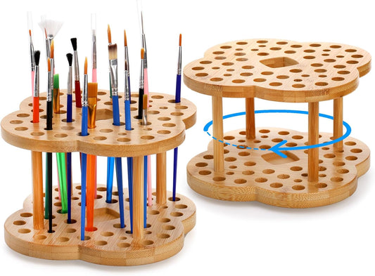 Foraineam 2 Pack Rotating Paint Brush Organizer Holder - 53 Holes Bamboo Display Drying Stand - Artist Watercolor Brush Stand Rack Art Supply Storage Organizer
