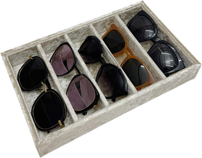 AgentMoon 5-Compartment Velvet Sunglasses & Jewelry Organizer Tray – Adjustable Dividers, Sturdy Wood, Non-Slip Storage for Watches, Glasses, Bracelets, Desk or Drawer.(Tabby Red)