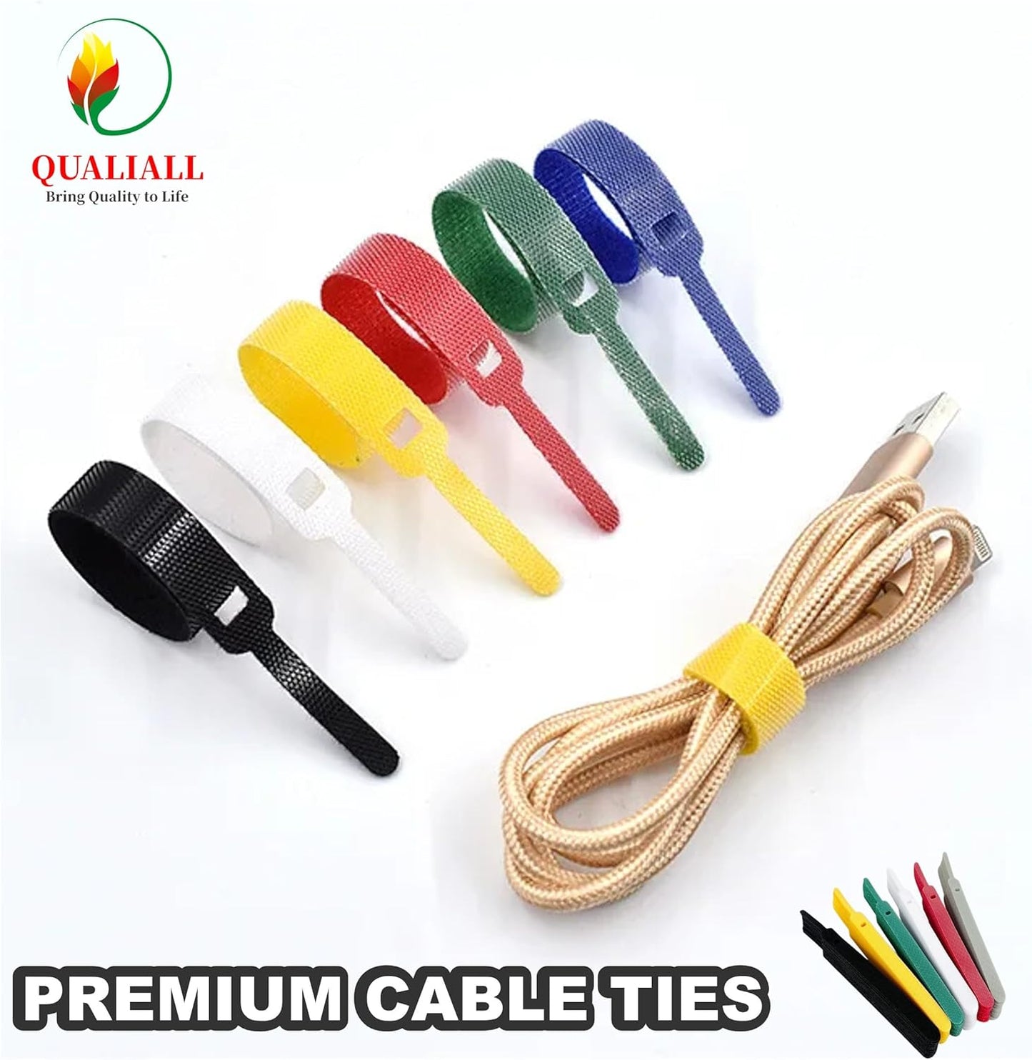 QUALIALL 150-PACK Premium Reusable Cable Ties, Strong Adhesion Nylon Cord Ties for PC and Wire Management, Durable. 5.9"