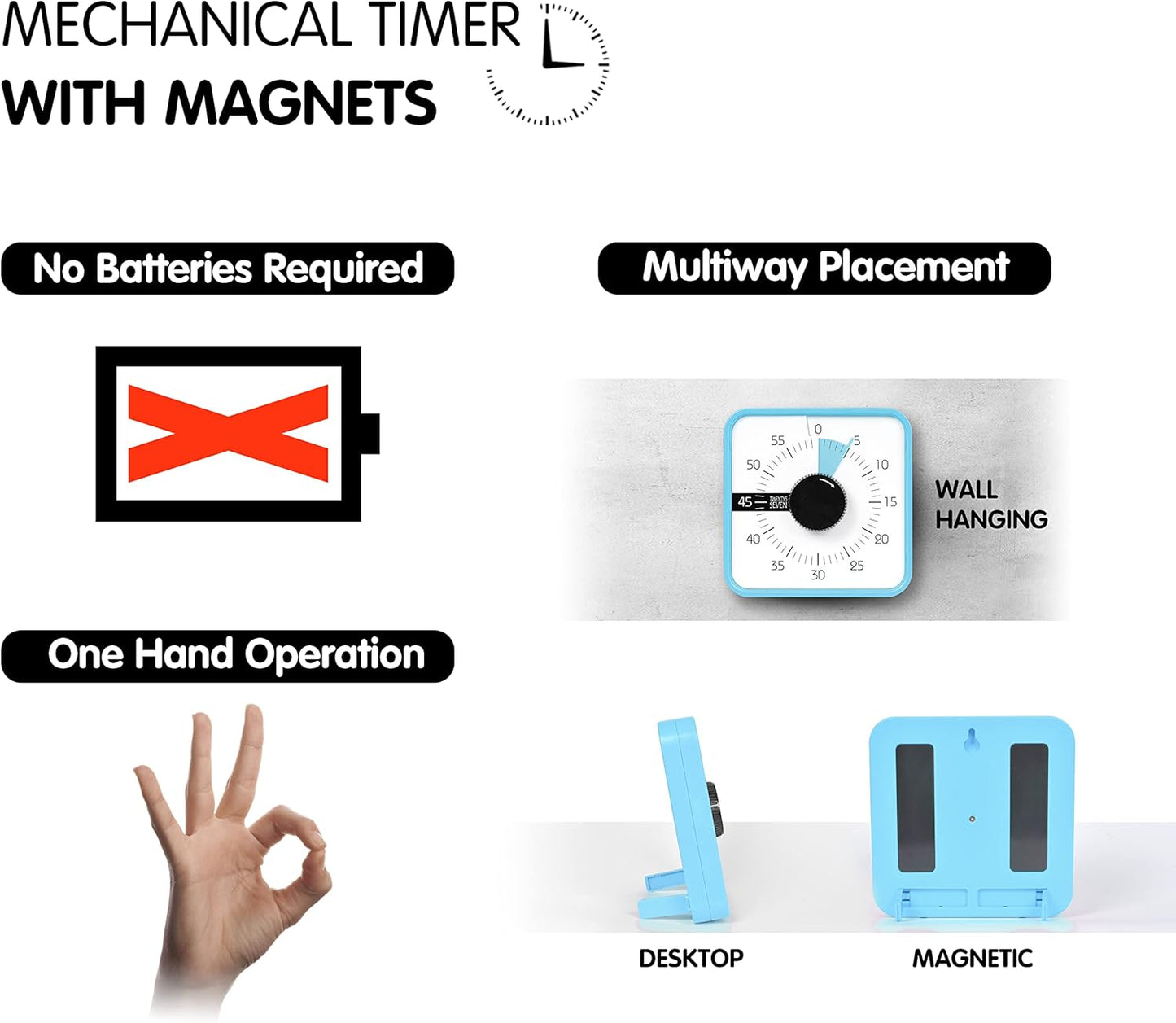 Visual Timer 7.5 inch; 60 Minute 1 Hour Countdown Timer for Kids Classroom Teaching Tool Home Office Meeting, Mechanical Countdown Clock for Exam Time Management Magnetic, Sky Blue with Colorful Disc